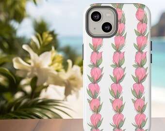 May include: A white iPhone case with a floral design. The case features a repeating pattern of pink flowers with green leaves. The case is designed to fit an iPhone.