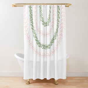May include: White shower curtain with a design of three overlapping circles of pink flowers and green leaves.