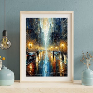 Rainy Cityscape Painting Canvas Print, Colorful Abstract Urban Night Art, Reflective Street City Lights Artwork for Modern Home Wall Decor
