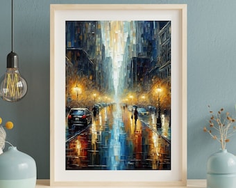 Rainy Cityscape Painting Canvas Print, Colorful Abstract Urban Night Art, Reflective Street City Lights Artwork for Modern Home Wall Decor