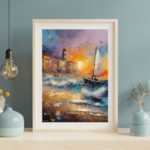 Picturesque Expressionism Seascape, Ship at Sea, Wall art, Sunset by the Sea, Storm Fine Art, Home decor with boat, Coastal Sailboat Artwork