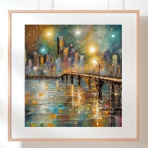 Streetlights over the city river, Bridge on the river at night, Bridge wall art, Landscape Wall Art,