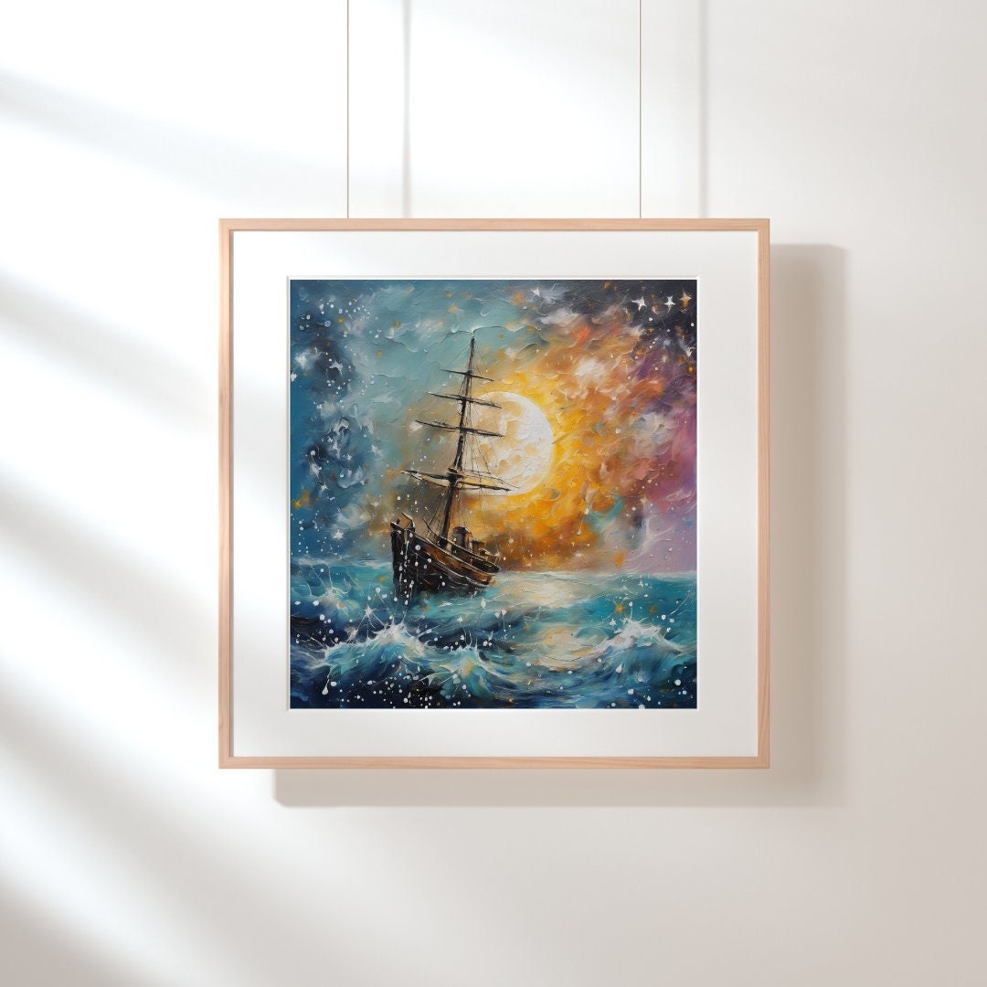Ship Decora Picturesque Expressionism Seascape, Ship at Sea in Rain, Colorful Wall ...