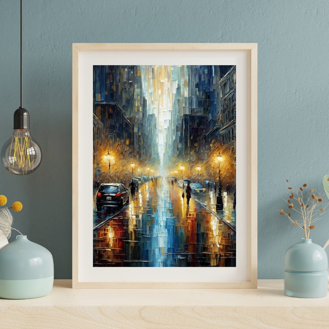 Rainy Cityscape Painting Canvas Print, Colorful Abstract Urban Night ...