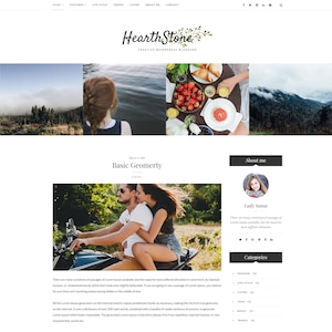 Könnte beinhalten: Ein Website-Layout für HearthStone Creative WordPress Blogging mit einer Kopfzeile, einer Collage aus vier Bildern, einem Blogbeitrag mit dem Titel Basic Geomerty mit zwei Personen auf einem Motorrad und einer Seitenleiste mit About me.