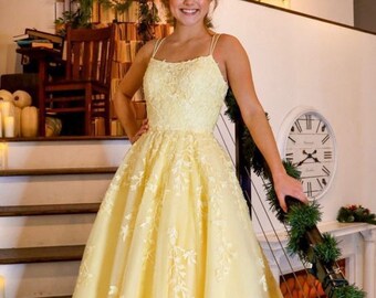 white and yellow prom dresses