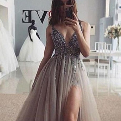 Black Shinny Prom Dress, Evening Party Dress With Slit