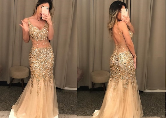 champagne gold prom dress