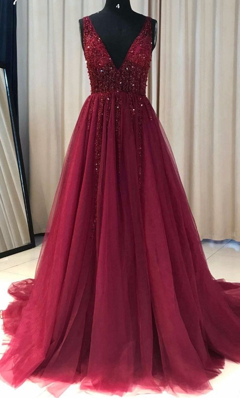 Burgundy Prom Dress Low Cut Evening Gown Graduation Party Etsy