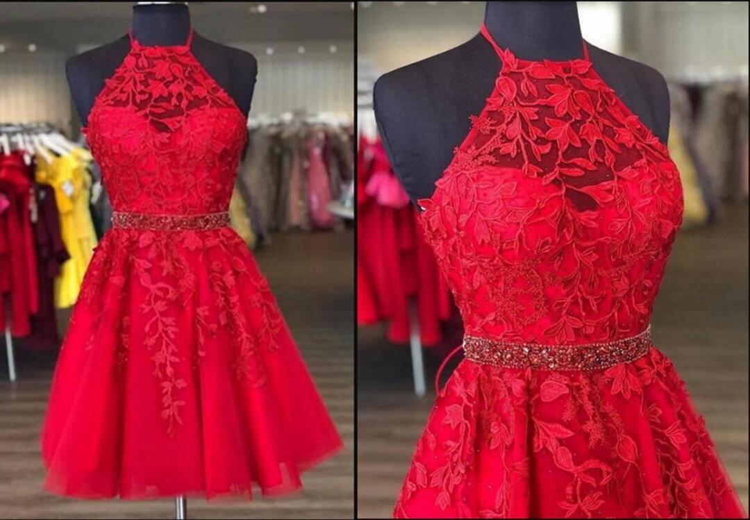 Red Lace Dress Halter Neckline HOCO Dress Short Etsy