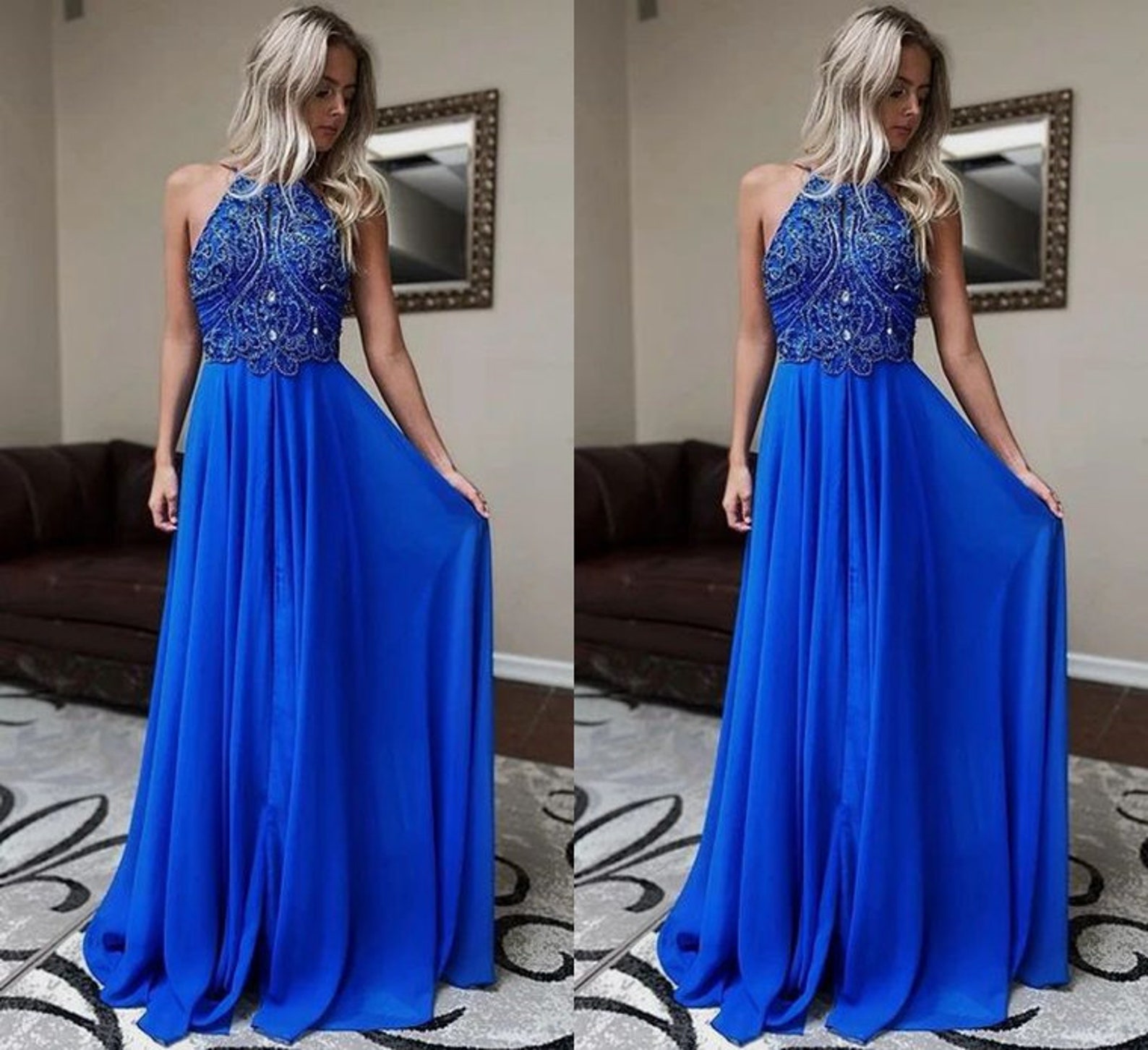 Royal Blue Prom Dress Halter Neckline Evening Gown Graduation | Etsy