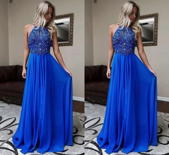 Real azul vestido de fiesta Halter cuello noche vestido de - Etsy México Real azul vestido de fiesta Halter cuello noche vestido de - Etsy México