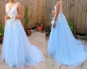 baby blue long formal dress