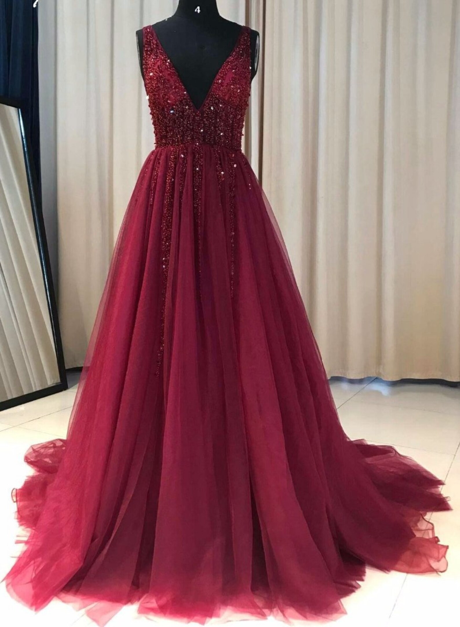Burgundy Prom Dress Low Cut Evening Gown Graduation Party Etsy