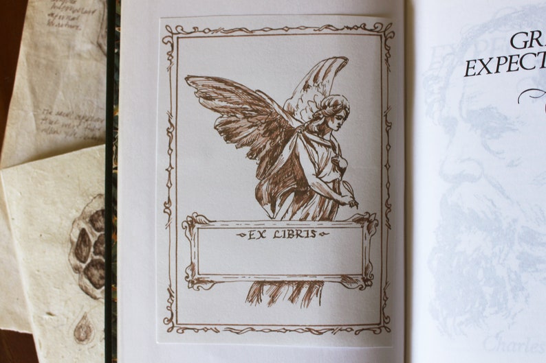 Puede incluir: Una cubierta de libro marr&oacute;n y blanca con un borde decorativo y una ilustraci&oacute;n de un &aacute;ngel con alas. El texto "Great Expectations" es visible en el lado derecho de la cubierta.