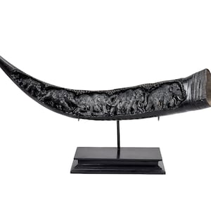Real Buffalo Horn Hand Carved Elephant Exodus Model Antique Home Decor