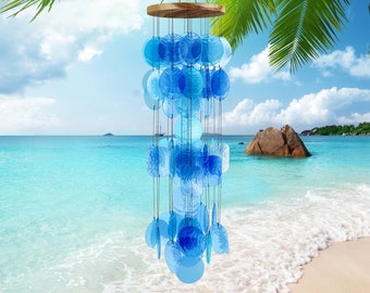 Blue Unique Capiz Sea Glass Shell Windchime 28" Come with Wall Stand Indoor Outdoor Great for Mom Gift Windchimes Housewarming Home Garden