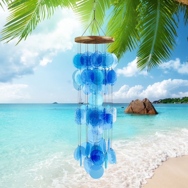 Blue Unique Capiz Sea Glass Shell Windchime 28" Come with Wall Stand Indoor Outdoor Great for Mom Gift Windchimes Housewarming Home Garden