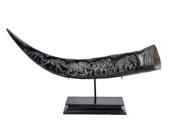 Real cuerno de búfalo tallado a mano elefante éxodo modelo antiguo decoración del hogar