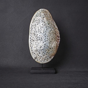 Natural Mussels Clam Shell Carving Leaves Model on Stand Large Size Hand Carved