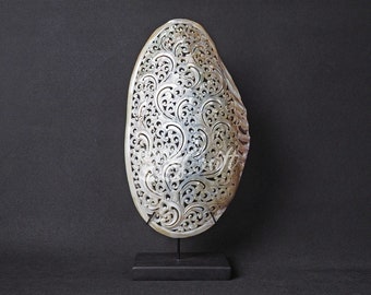 Natural Mussels Clam Shell Carving Leaves Model on Stand Large Size Hand Carved