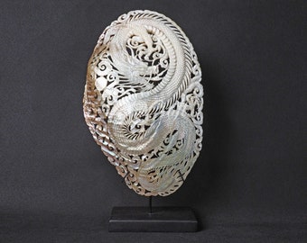Natural Mussels Clam Shell Carving Dragon Model on Stand Large Size Hand Carved
