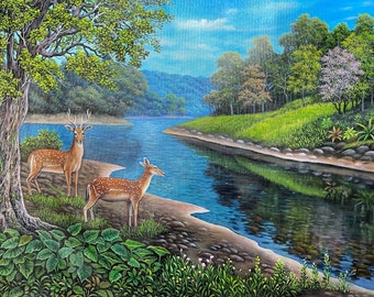 Natural Painting Landscape The Deer Play in Forest Original Oil Hand Painting (Unframed)