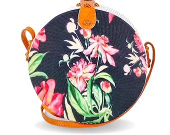 Round Rattan Handbag Bali Woven Bag Natural, Floral Deco With Genuine Leather Strap, Durability Build, Eye Catching Design Fit for Gift