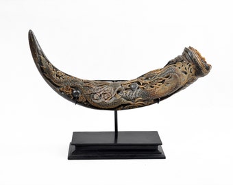 Real Buffalo Horn Hand Carved Dragon Model Antique Home Decor