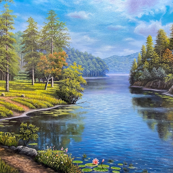 River Landscape Scenery Natural Hand Canvas Original Oil Hand Painting (Unframed)