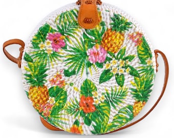 Beach Chic Handwoven Round Rattan Bag with Leather Strap - Pineapple Floral Design Cross Body Bag | Fashionable Beach Style for Women