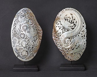 2pcs Natural Mussels Clam Shell Carving Phoenix Dragon Hand Carved Mixed Model Large Size Bundle