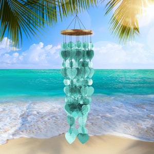 88craft Capiz Shell Wind Chimes Heart Vibrant Aqua 28" Comewith Wall Stand Hanging Indoor Outdoor Great for Mom Gift Windchimes Housewarming