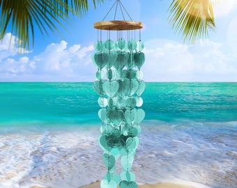 88craft Capiz Shell Wind Chimes Heart Vibrant Aqua 28" Viene con soporte de pared para colgar en interiores y exteriores, ideal para regalo de mamá Windchimes Inauguración de la casa