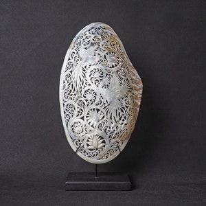 Natural Mussels Clam Shell Carving Phoenix Model on Stand Large Size Hand Carved