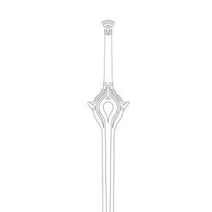May include: A line drawing of a sword with an intricate hilt and a long, straight blade.