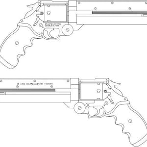 May include: A black and white line drawing of a Colt .45 Long revolver with a long barrel and a side-mounted magazine. The text "45 LONG COLT'S ARMS FACTORY" is visible on the top of the gun.