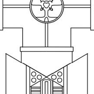 May include: A black and white line drawing of a building with a large circular window at the top. The building has a symmetrical design with a central entrance and two wings on either side. The entrance is flanked by two vertical columns and a series of horizontal lines.