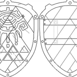 May include: A black and white line drawing of a shield with a triangular pattern and a stylised eye design.