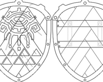 May include: A black and white line drawing of a shield with a triangular pattern and a stylised eye design.