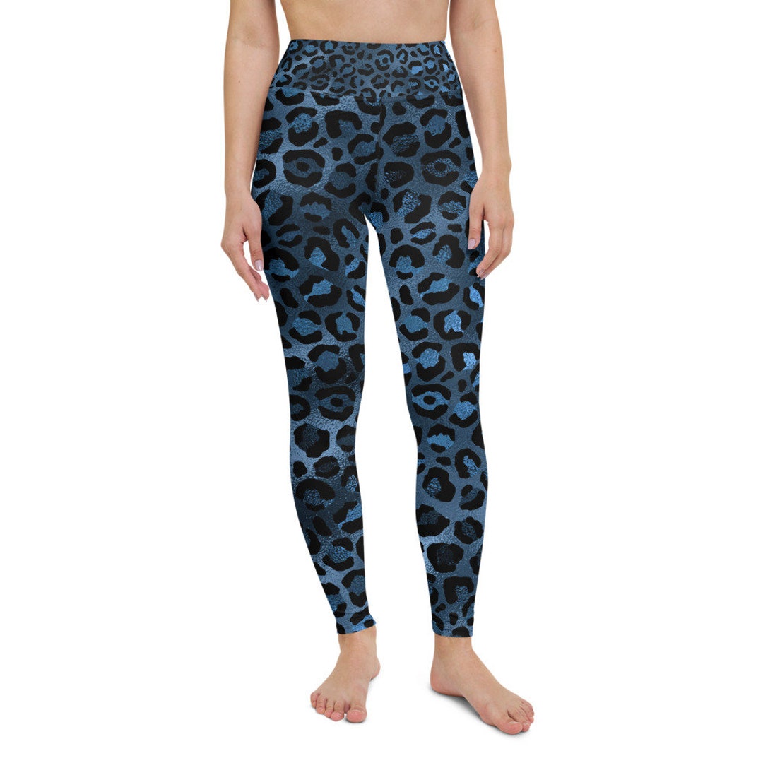 Blue Glimmer Leopard Print Yoga High Waist Leggings, Gym, Sports Workout  Leggings, Activewear, Women's Fitness Clothing, Matching Sports Bra 