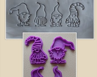 May include: Set of four purple plastic gnome cookie cutters. The cutters are in the shape of gnomes with different hats and facial expressions.