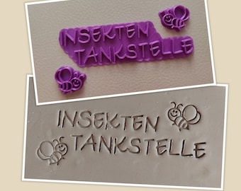 Tonstempel Keramikstempel Schrift Insekten Tankstelle   mit 2 kleinen Bienen