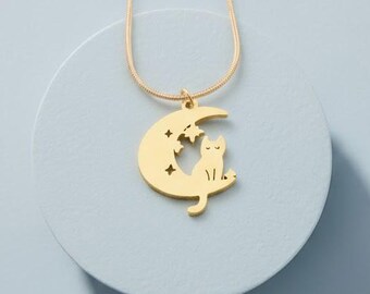 Collier Chat Et Lune Argenté – Pendentif Mystique Plaqué Platine – Longueur 45 Cm