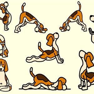 May include: A set of nine illustrations of a beagle dog in various yoga poses, including downward-facing dog, cobra pose, and meditation pose. The illustrations are in a cartoon style with black outlines and brown and orange colors.