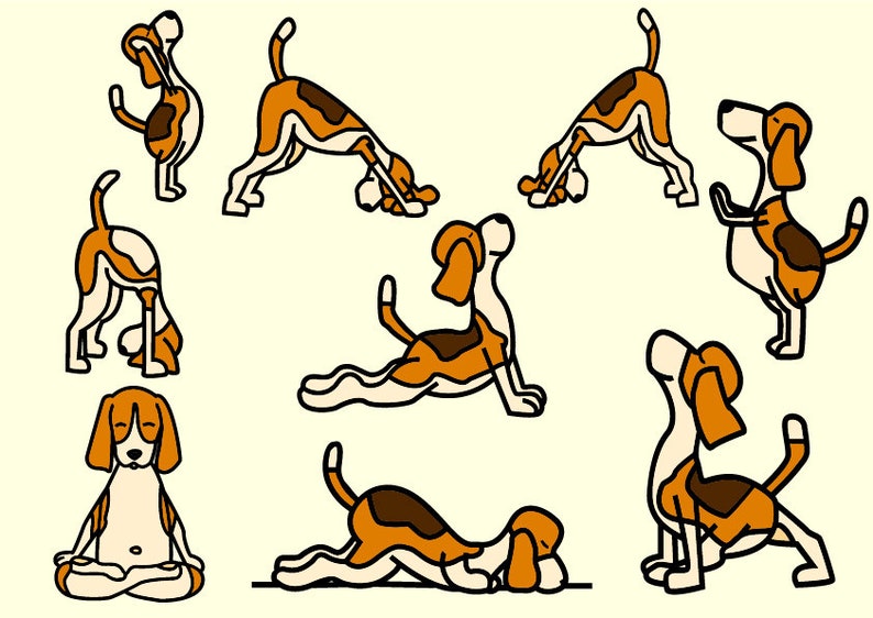 May include: A set of nine illustrations of a beagle dog in various yoga poses, including downward-facing dog, cobra pose, and meditation pose. The illustrations are in a cartoon style with black outlines and brown and orange colors.
