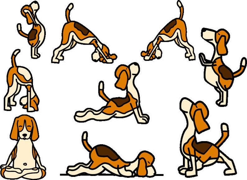 May include: Illustration of eight beagles in various yoga poses. The beagles are drawn in a cartoon style with orange, brown, and white colors against a black background.