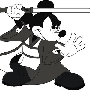 May include: Black and white illustration of Mickey Mouse dressed in a Jedi robe, holding a lightsaber.