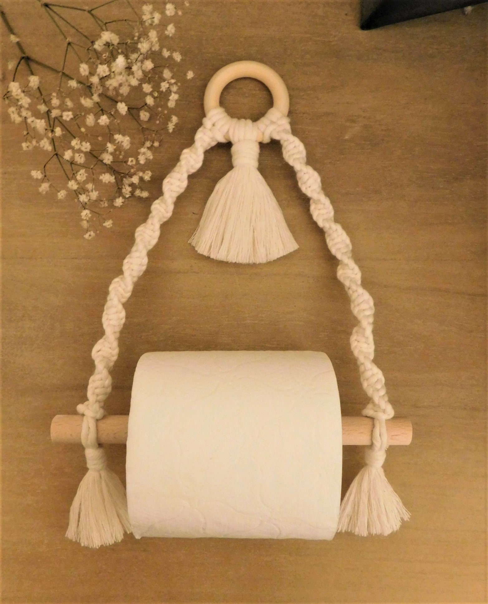 Dérouleur Papier Toilette en Macramé - Porte Wc Sdb Bohème Éco-Responsable