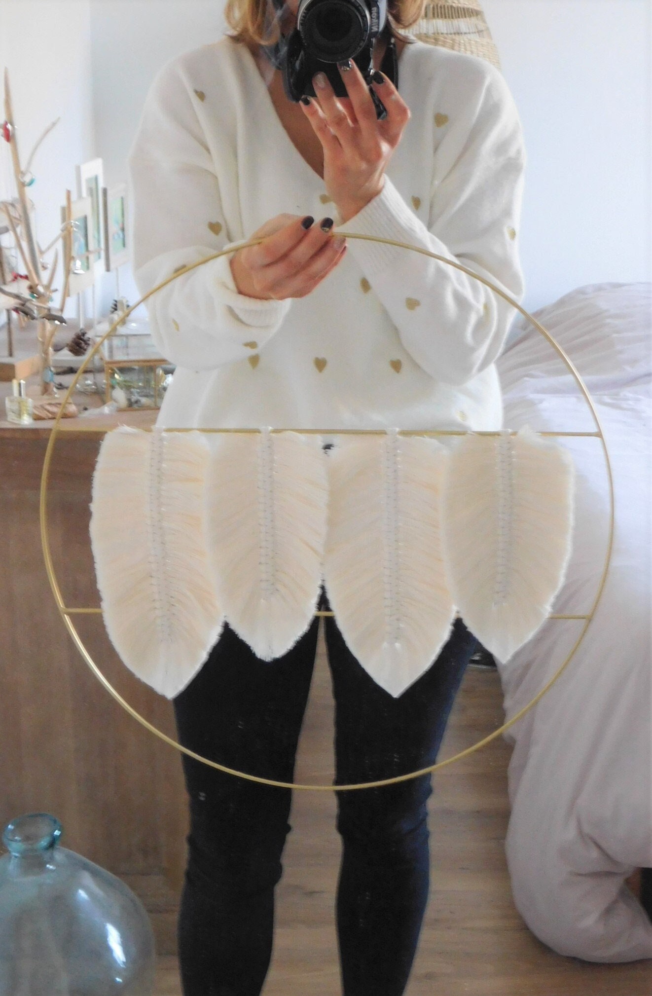 Grande Suspension Murale en Macramé - Plumes Coton Éco Responsable